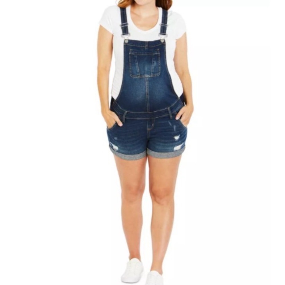Indigo Blue Distressed Denim Shortalls Adjustable Strap Maternity Overalls M Bib